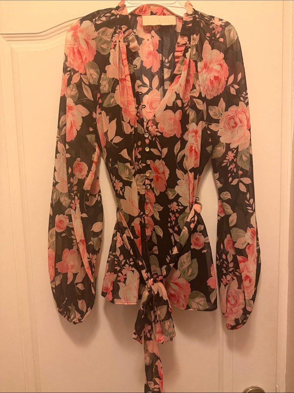 KEEPSAKE the Label Black Floral Tie-Front Blouse with Pink Roses